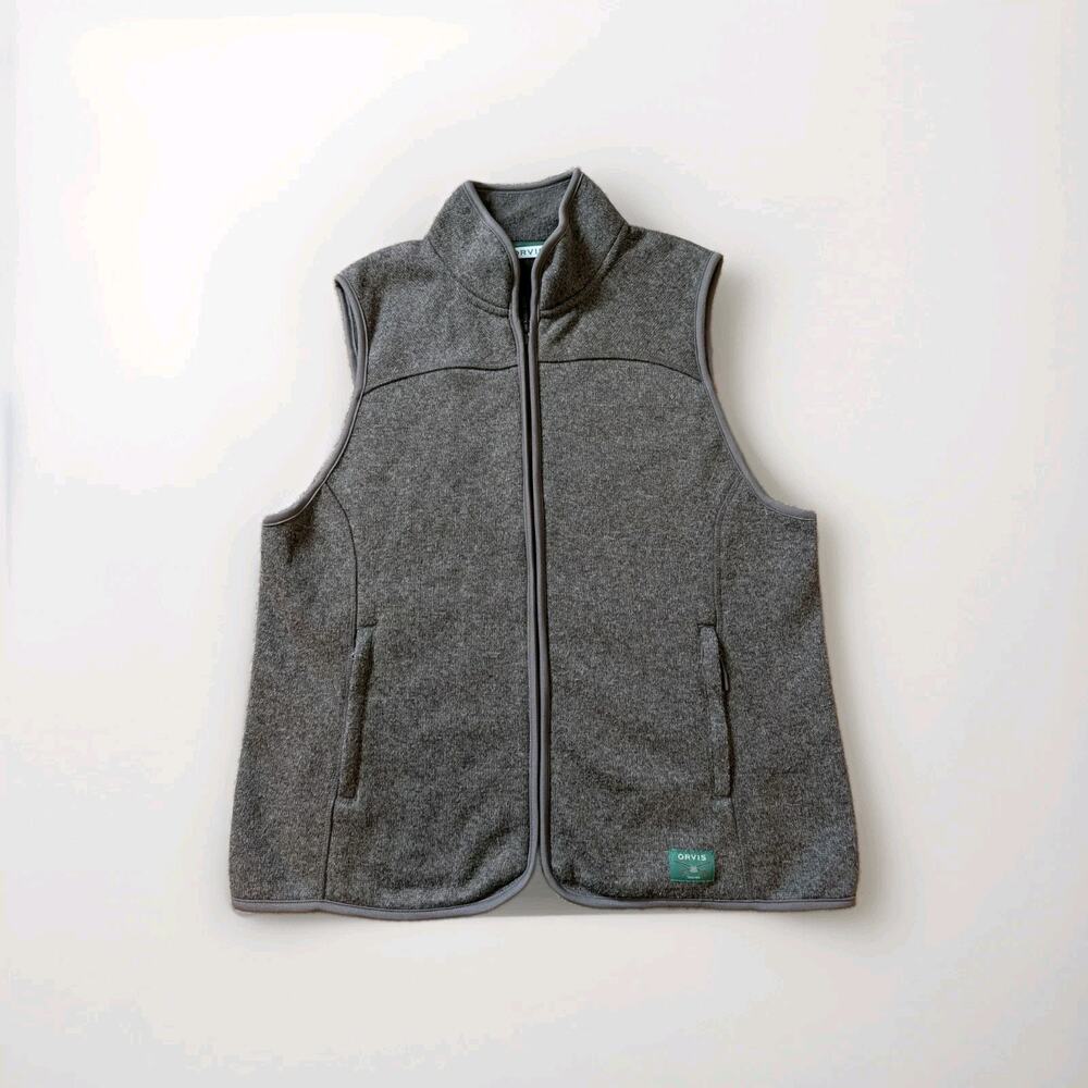 Orvis Sweater Fleece Vest Men's Large Brown Knit Heather Full Zip Outdoor Hiking